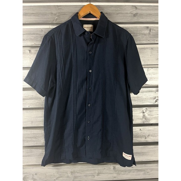Scotch & Soda Shirt Mens M Navy Blue Button Up Short Sleeve Woven Linen Blend - Picture 1 of 8